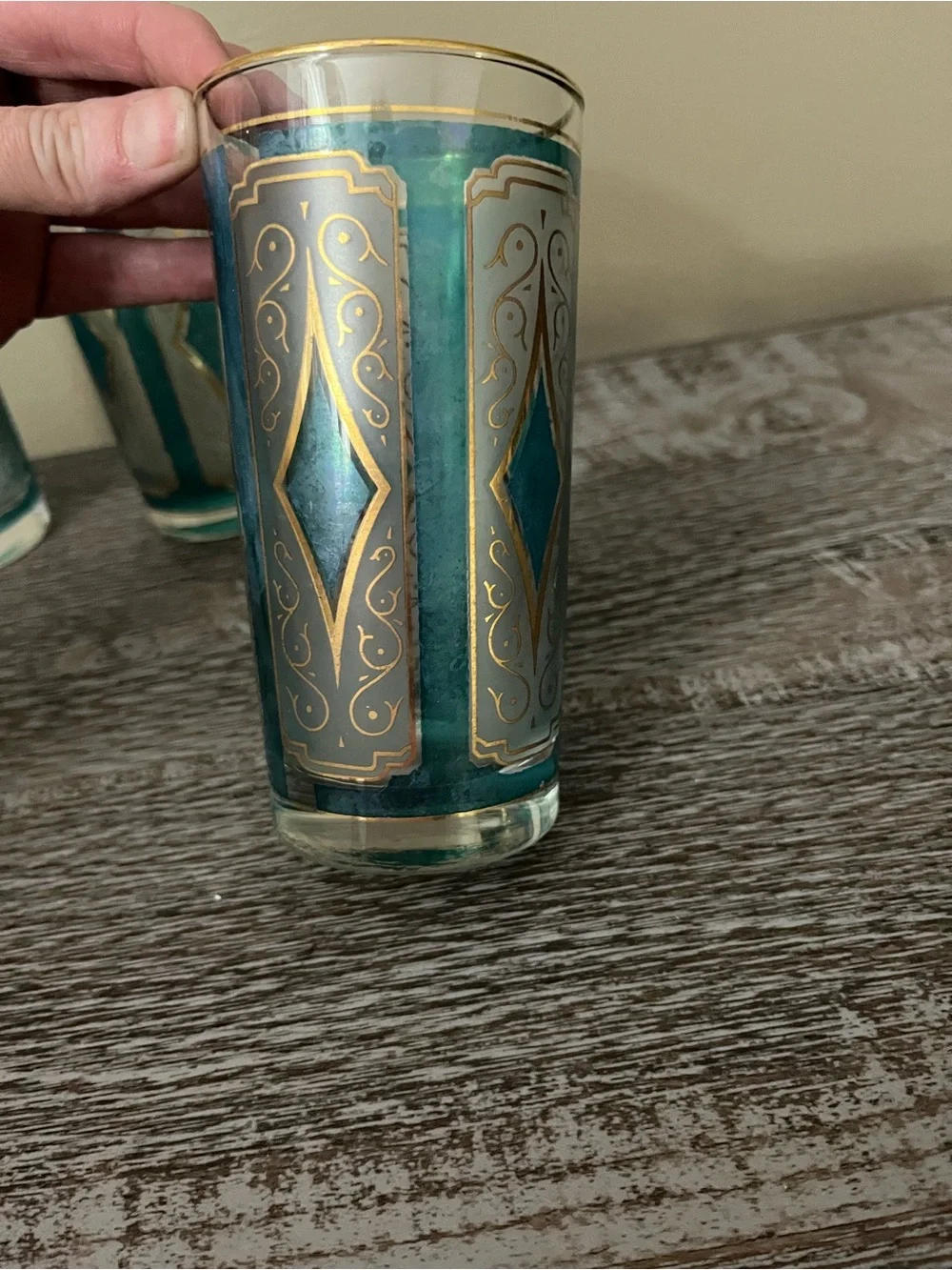Vintage Libbey Blue & Gold Diamond Glasses Set of 3 with 22k gold rim